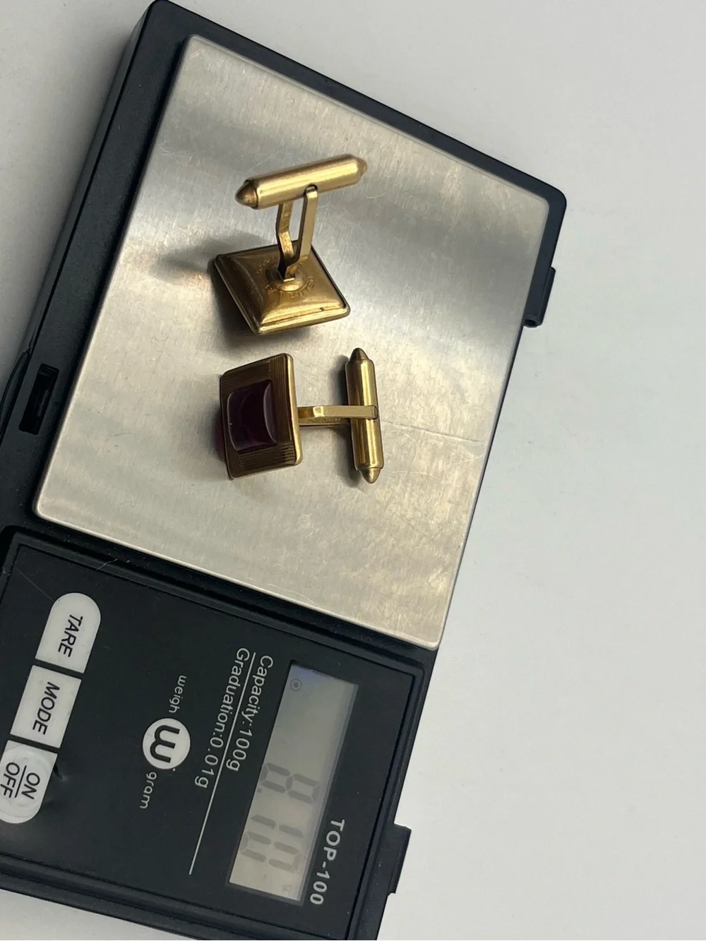 Krementz red lucite gold tone square textured vintage MCM cufflinks